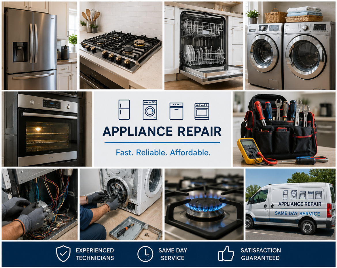 Appliance repair collage with kitchen appliances, tools, and technician service truck showing fast, affordable repair.