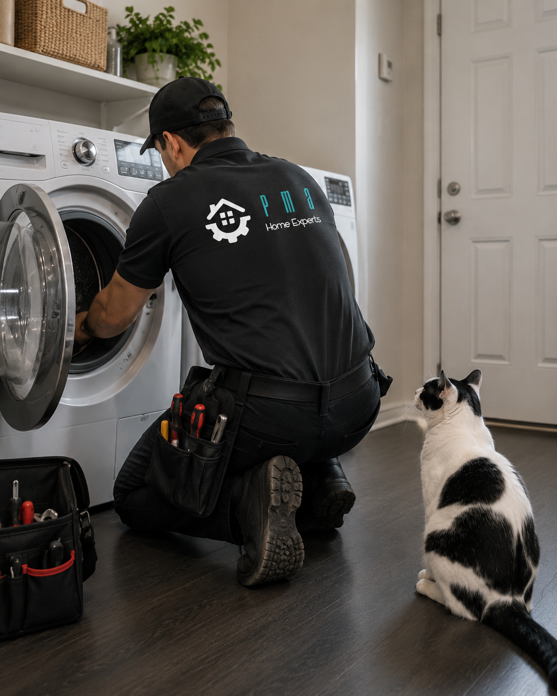 Technician kneels by a front-loading washer while a black-and-white cat watches in a laundry room.