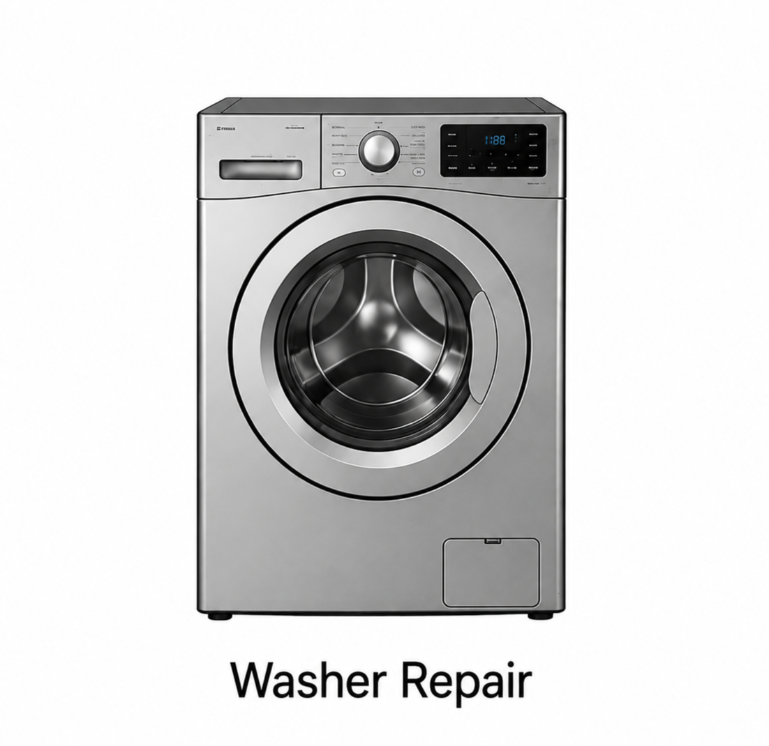 Front-load washer with “Washer Repair” text below