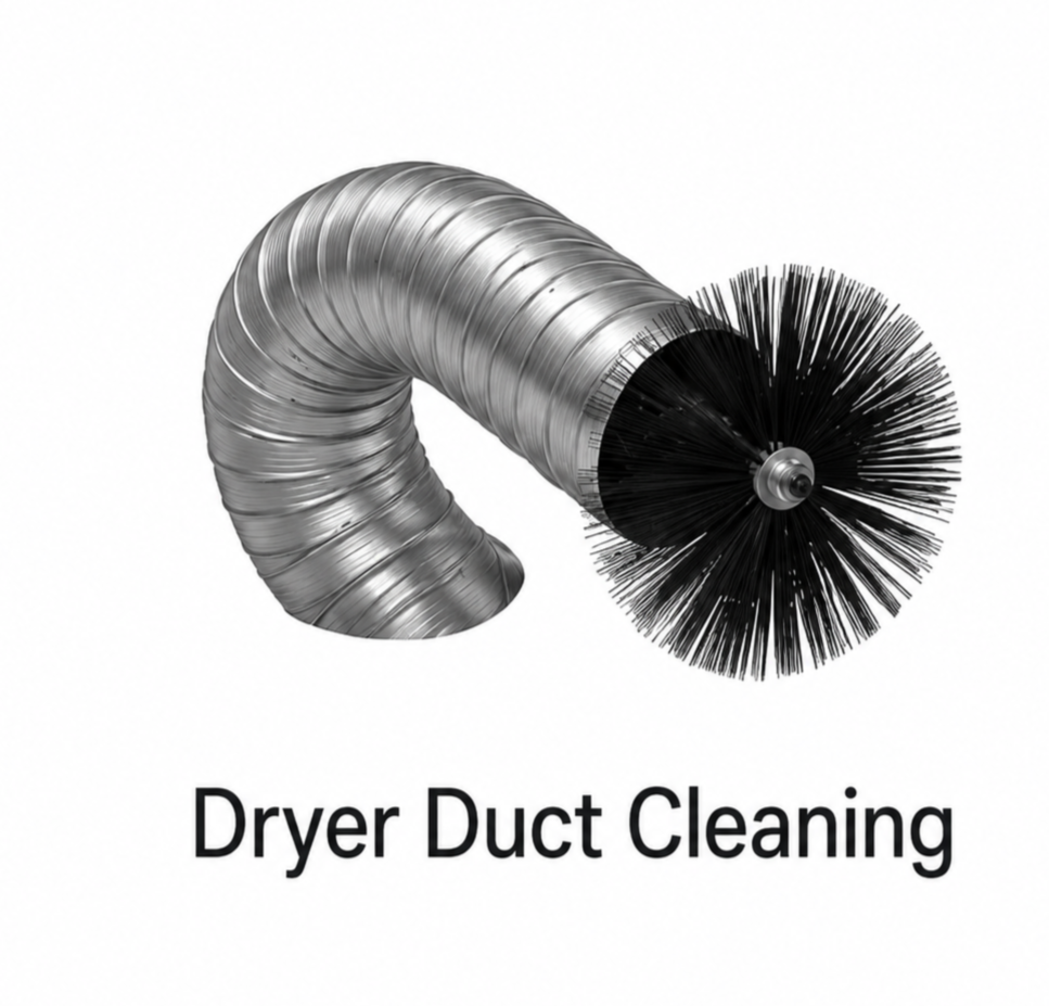 Silver dryer duct brush with the words “Dryer Duct Cleaning” underneath