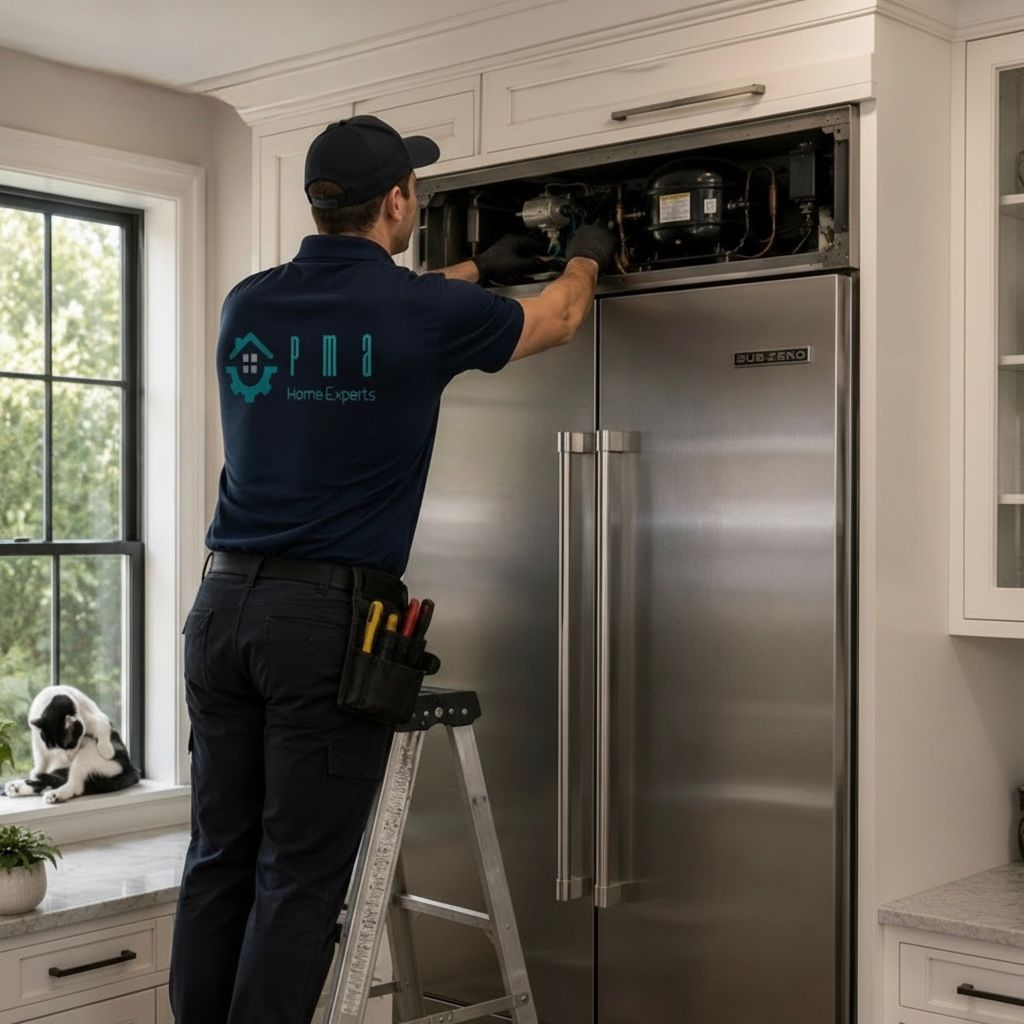 Technician repairing the top of a stainless steel refrigerator in a bright kitchen