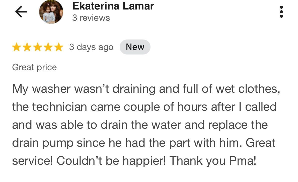 Google review screenshot praising a washer repair service for fixing a drain pump and water leak