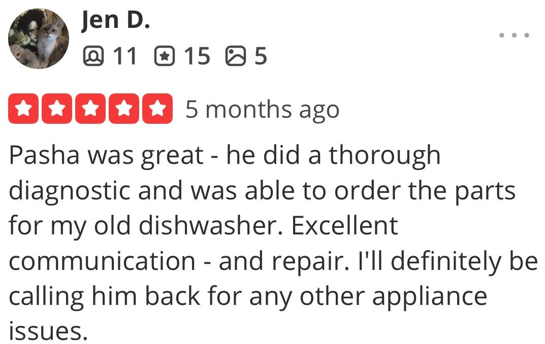 Screenshot of a 5-star review praising Pasha’s dishwasher repair, communication, and repair work
