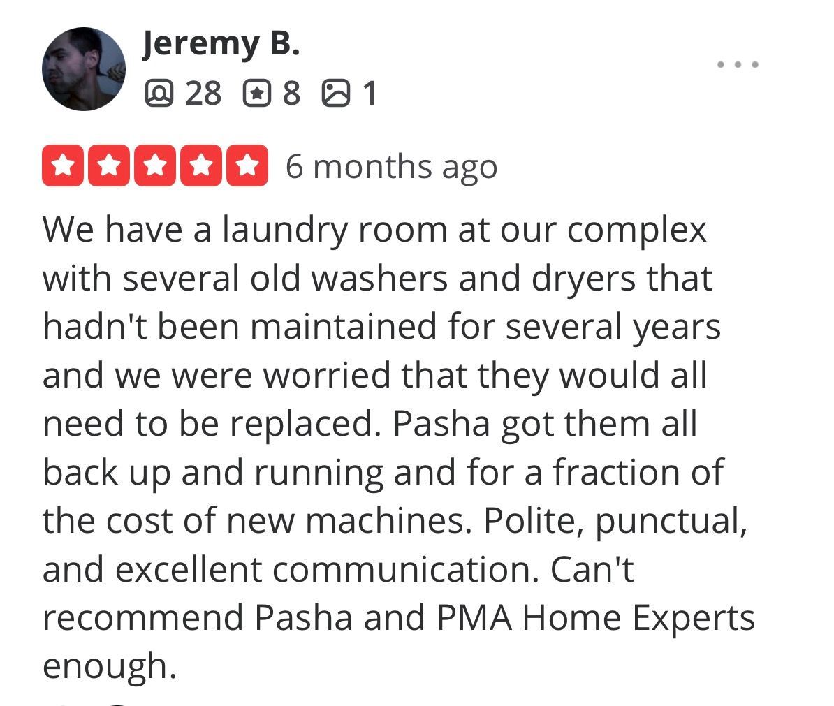 Review text praising Pasha and PMA Home Experts for replacing laundry room washers and dryers efficiently.