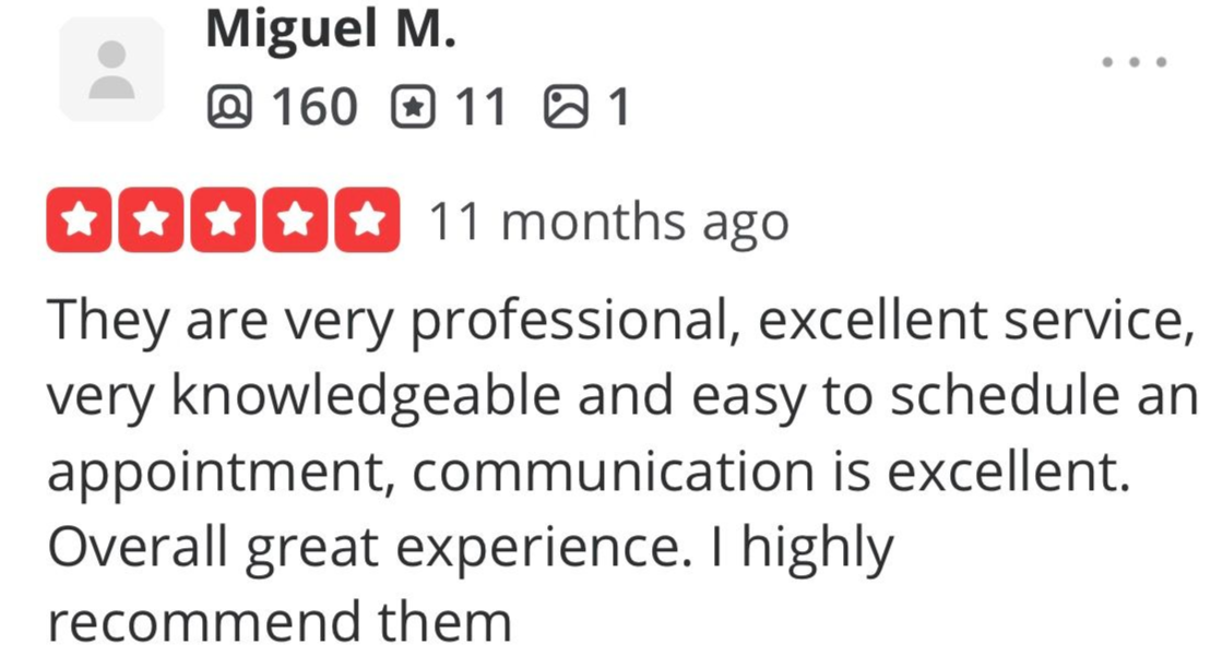 Screenshot of a 5-star review praising professional, knowledgeable service and easy scheduling