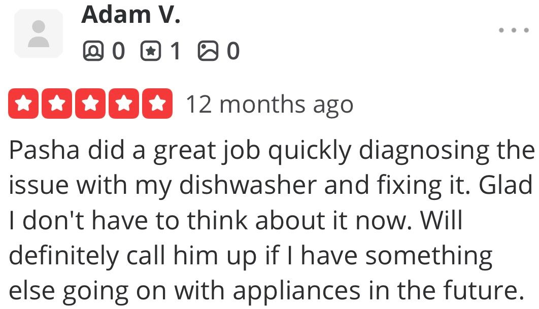 Customer review praising Pasha for quickly diagnosing and fixing a dishwasher issue.