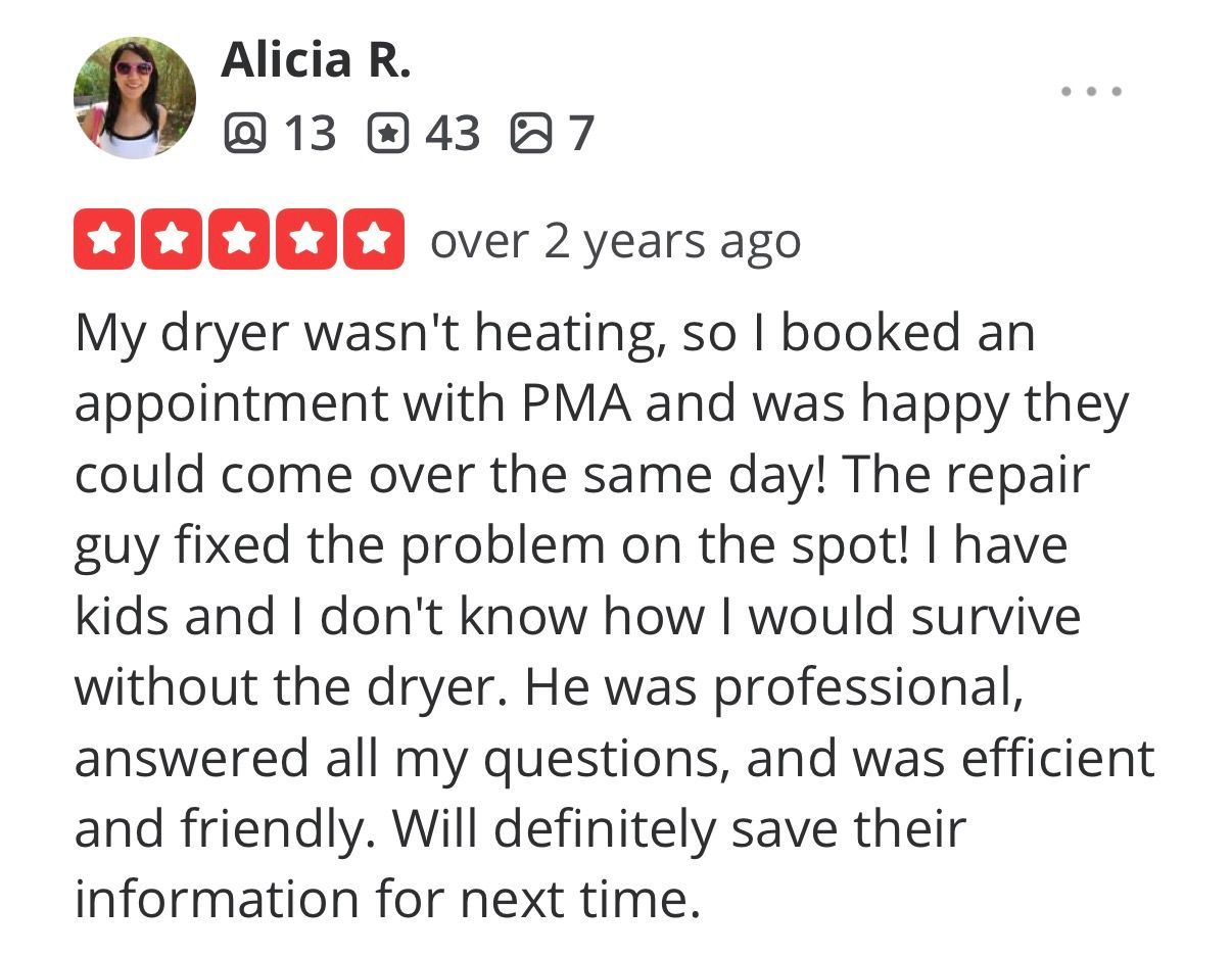 Review screenshot of 5-star repair service review praising professional, efficient dryer fix.