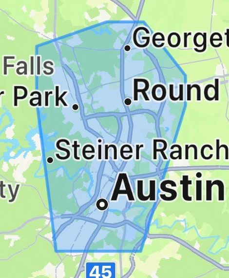 Map centered on Austin, Texas, with blue-highlighted boundary and nearby labels like Georgetown and Round Rock.