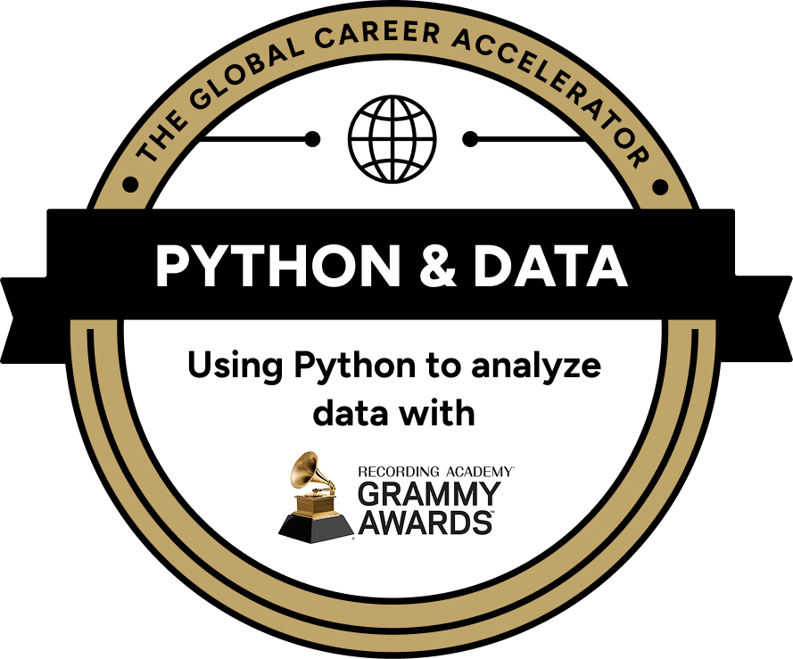 The Global Career Accelerator certification badge: Python & Data — Using Python to analyze data with The Grammy Awards
