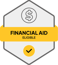 Badge: Financial Aid Eligible, blue banner, building icon, dollar sign.