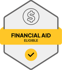 Badge: Financial Aid Eligible, blue banner, building icon, dollar sign.