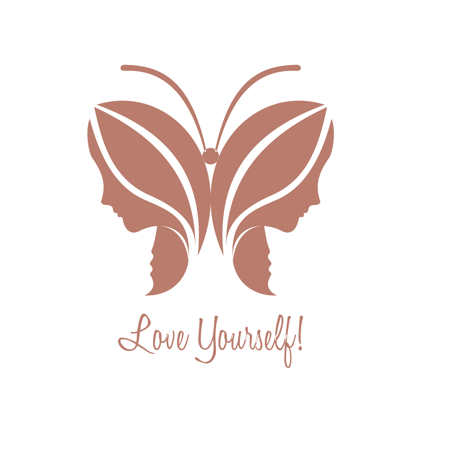Pink and orange butterfly with two faces and the words “Love Yourself!”