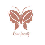 Pink butterfly made of two faces with “Love Yourself!” text below