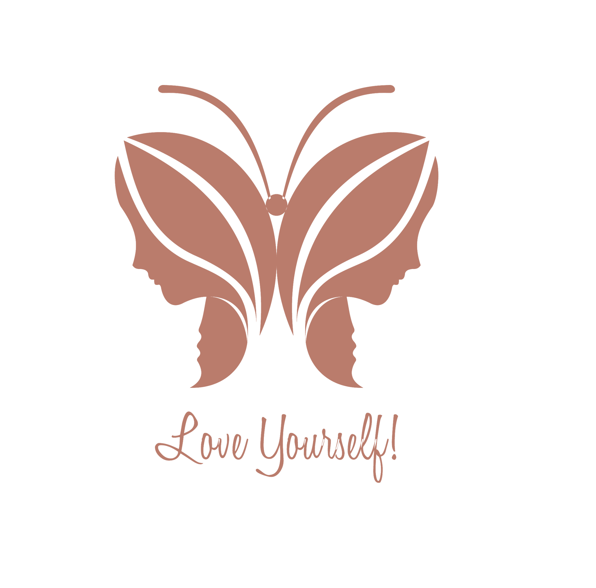 Pink and orange butterfly with two faces and the words “Love Yourself!”