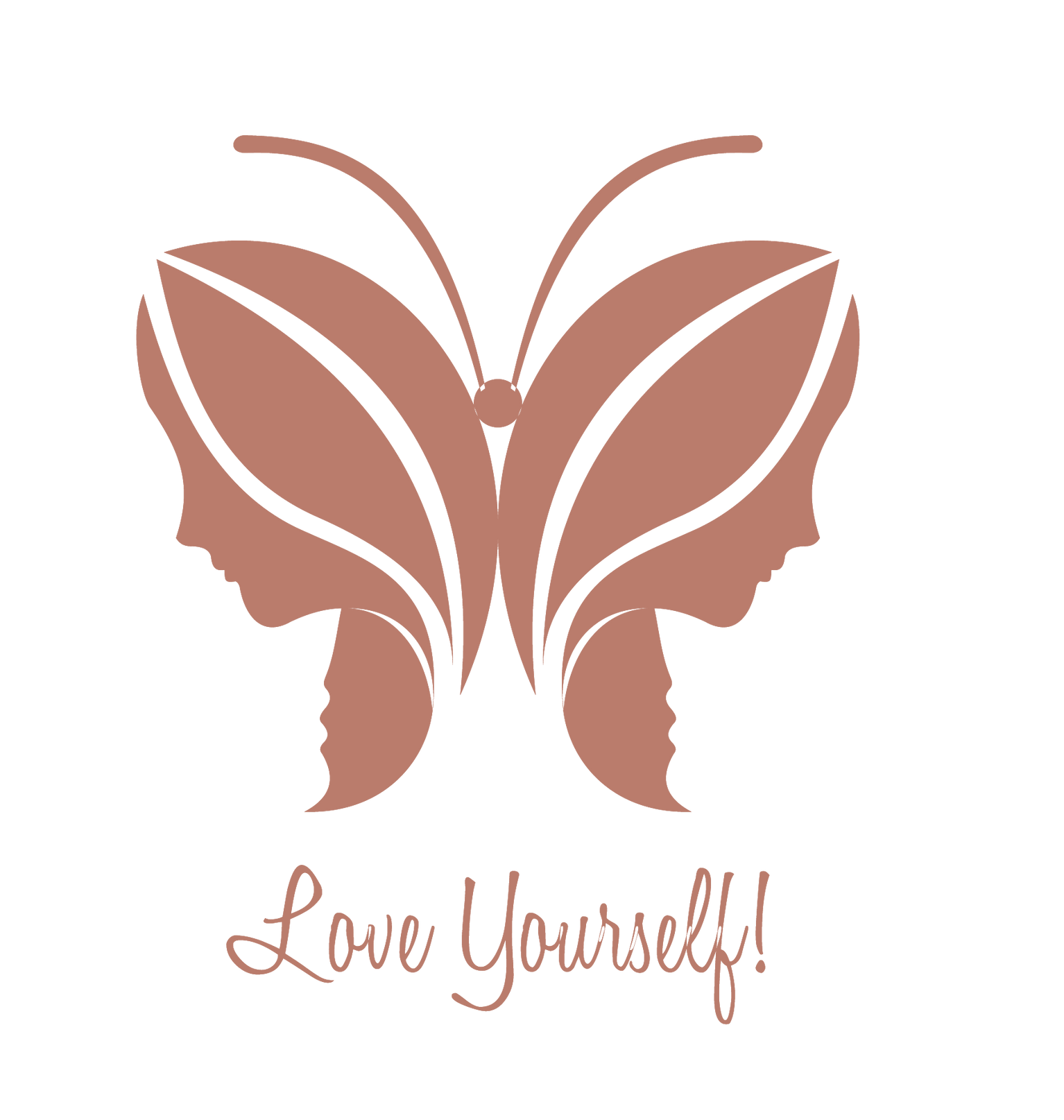 Butterfly made of two mirrored female profiles with “Love Yourself” text in soft pink.