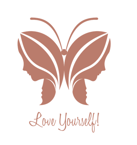 Butterfly made of two mirrored female profiles with “Love Yourself” text in soft pink.