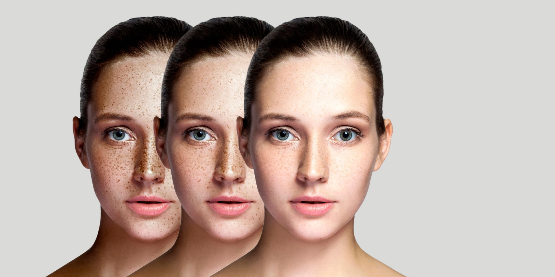 Three side-by-side facial portraits showing different skin tones and makeup effects on a woman
