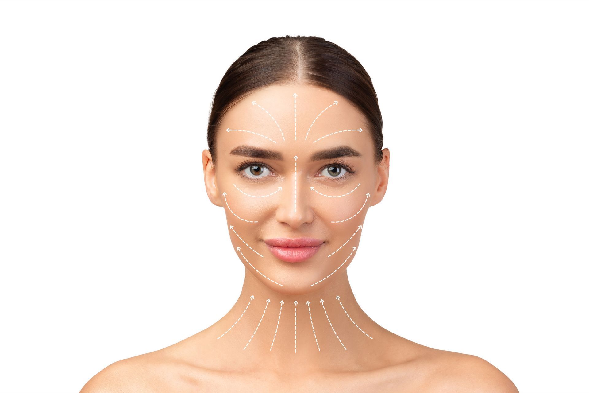 Portrait of a smiling person with facial contour lines on a white background