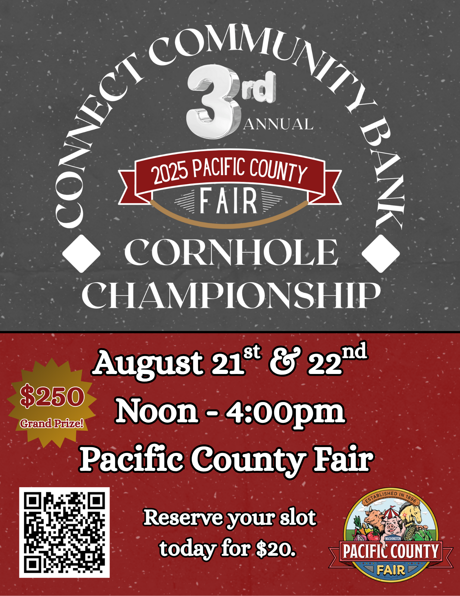 Flyer for the 3rd Annual Pacific County Fair Cornhole Championship, held August 21-22, 12-4pm. Includes a QR code for entry.