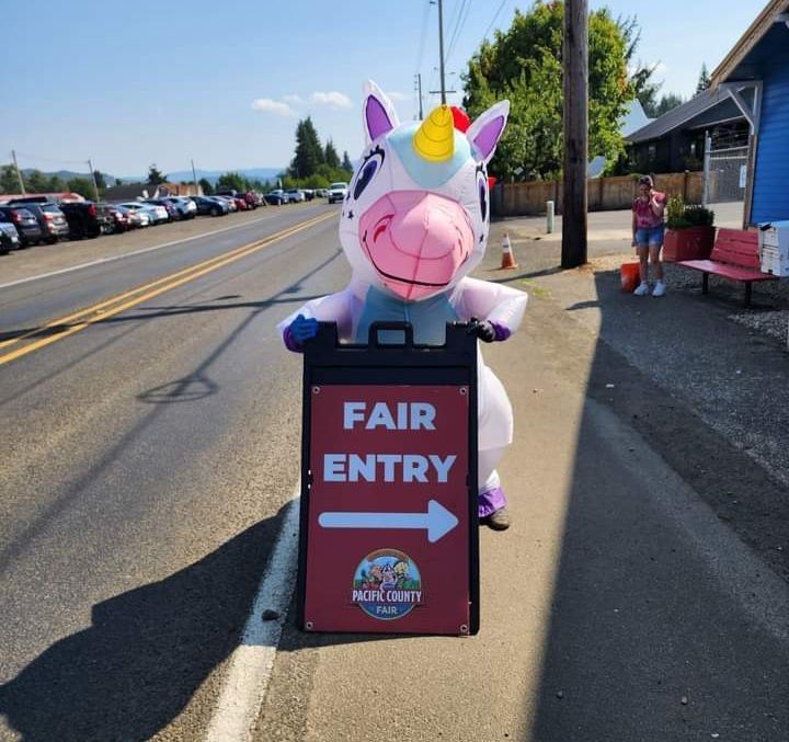 A stuffed unicorn holding a sign that says fair entry