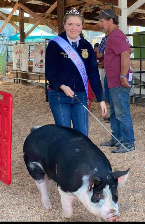 A woman is standing next to a pig on a leash.