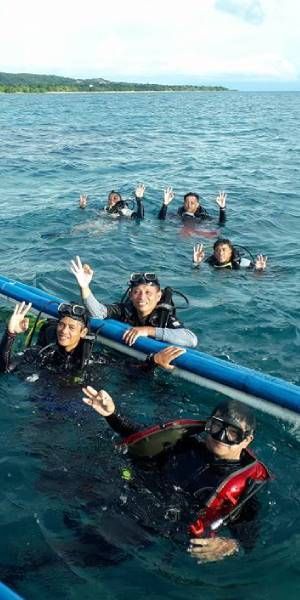 Scuba divers in the sea wave from the water, with a boat and coastline in the background.