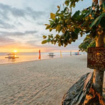 Beach scene at sunset; sandy shore, ocean, boats, and a tree with a sign.