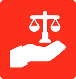 A hand is holding a scale of justice on a red background.