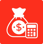 A bag of money with a dollar sign and a calculator on a red background.