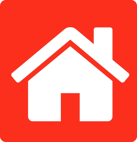 A white house icon on a red background