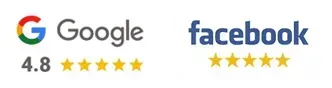 The google and facebook logos are next to each other on a white background.