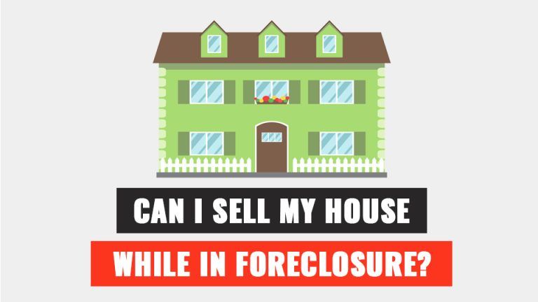 A green house with the words can i sell my house while in foreclosure