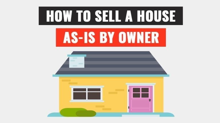 A yellow house with a pink door and a sign that says how to sell a house as-is by owner.