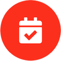 An icon of a calendar with a check mark in a red circle.