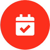 An icon of a calendar with a check mark in a red circle.