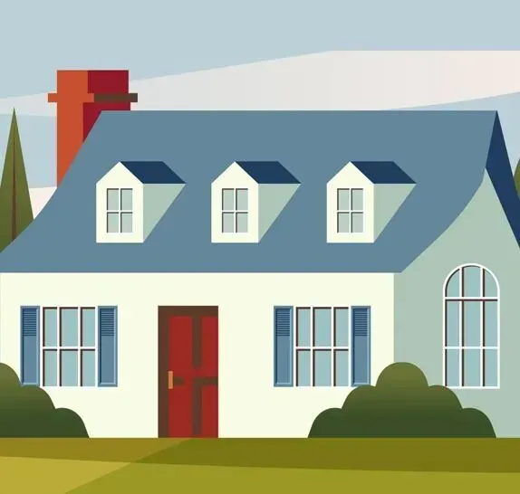 An illustration of a white house with a blue roof