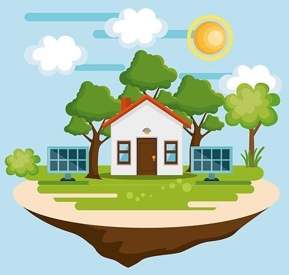 A house is surrounded by trees and solar panels on a small island.
