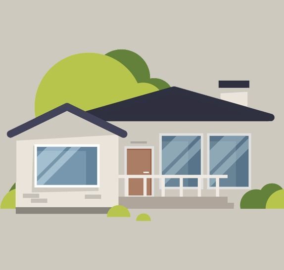 An illustration of a house with a black roof and trees in the background.