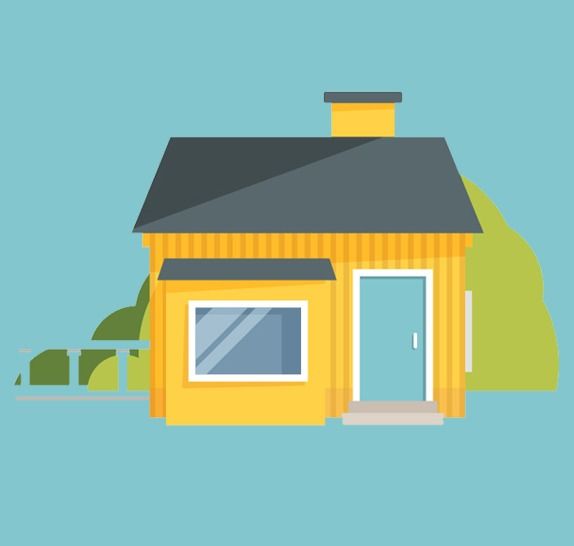 A yellow house with a blue door and window on a blue background.