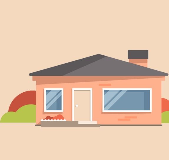 A cartoon illustration of a small brick house with a chimney.