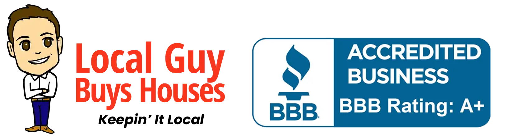 Logo for "Local Guy Buys Houses," includes cartoon figure, BBB Accredited Business seal with an A+ rating.