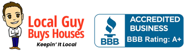 Logo for "Local Guy Buys Houses," includes cartoon figure, BBB Accredited Business seal with an A+ rating.