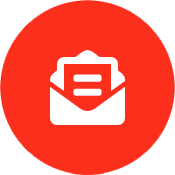 A red circle with a white envelope and a piece of paper inside of it.