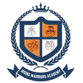 Rising Warriors Academy crest with four quadrants featuring hands, tools, and a crown.