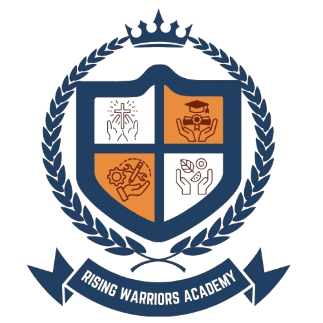 Rising Warriors Academy crest with four quadrants featuring hands, tools, and a crown.