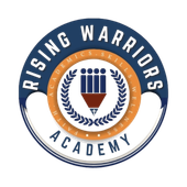 Logo for Rising Warriors Academy. Blue, orange, and white circular design with a pencil and laurel wreath.