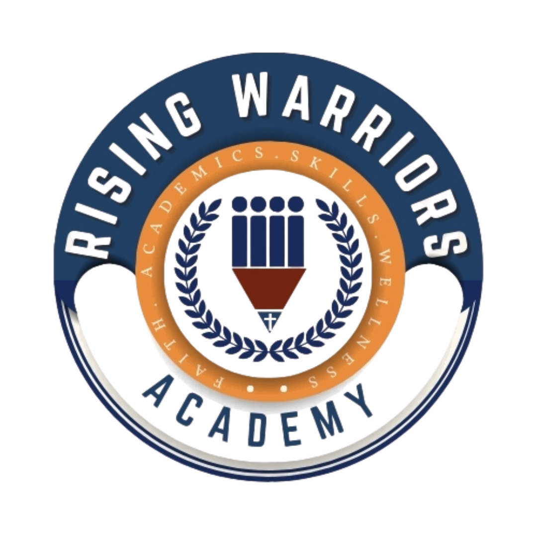 Logo for Rising Warriors Academy. Blue, orange, and white circular design with a pencil and laurel wreath.