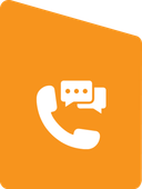 Orange square with a white telephone handset and chat bubbles.