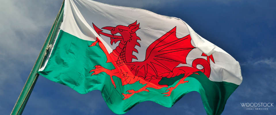 The Welsh flag waving against a dark blue sky, showing a red dragon on white and green Woodstock