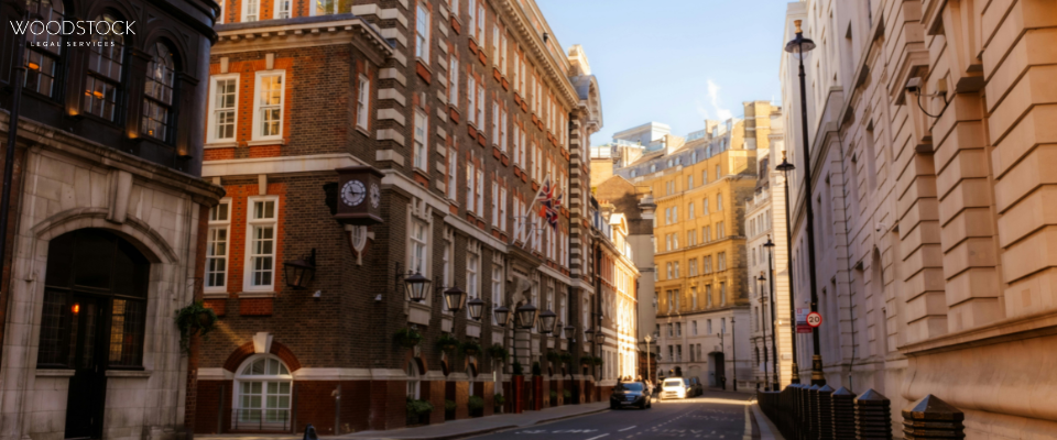 Historic London street with red-brick legal offices, UK